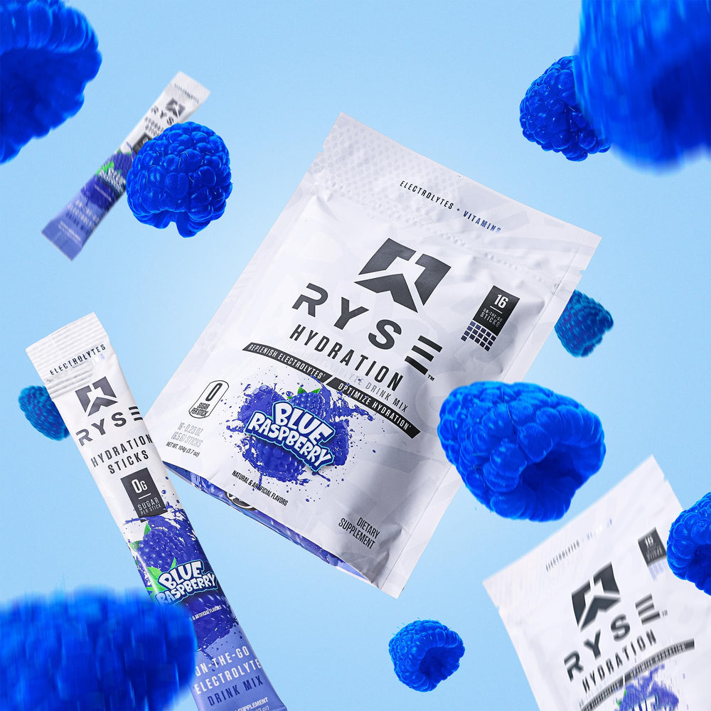 RYSE Up serving stick pack front view highlighting convenient 16-stick hydration.