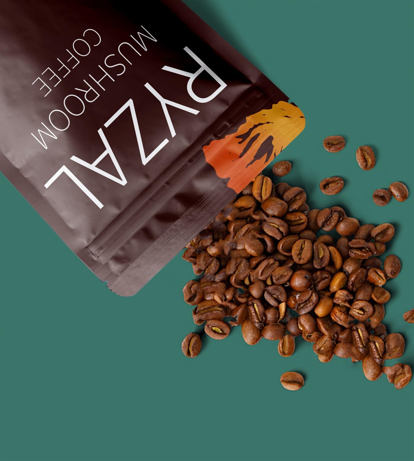 RYZAL Mushroom Coffee cup steaming highlights smooth taste and quick focus.