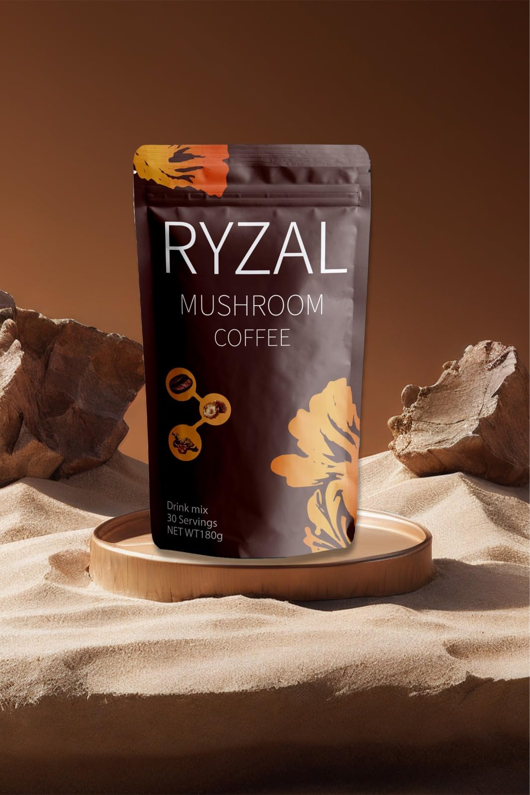 RYZAL Mushroom Coffee energy morning scene suggests sustained focus.