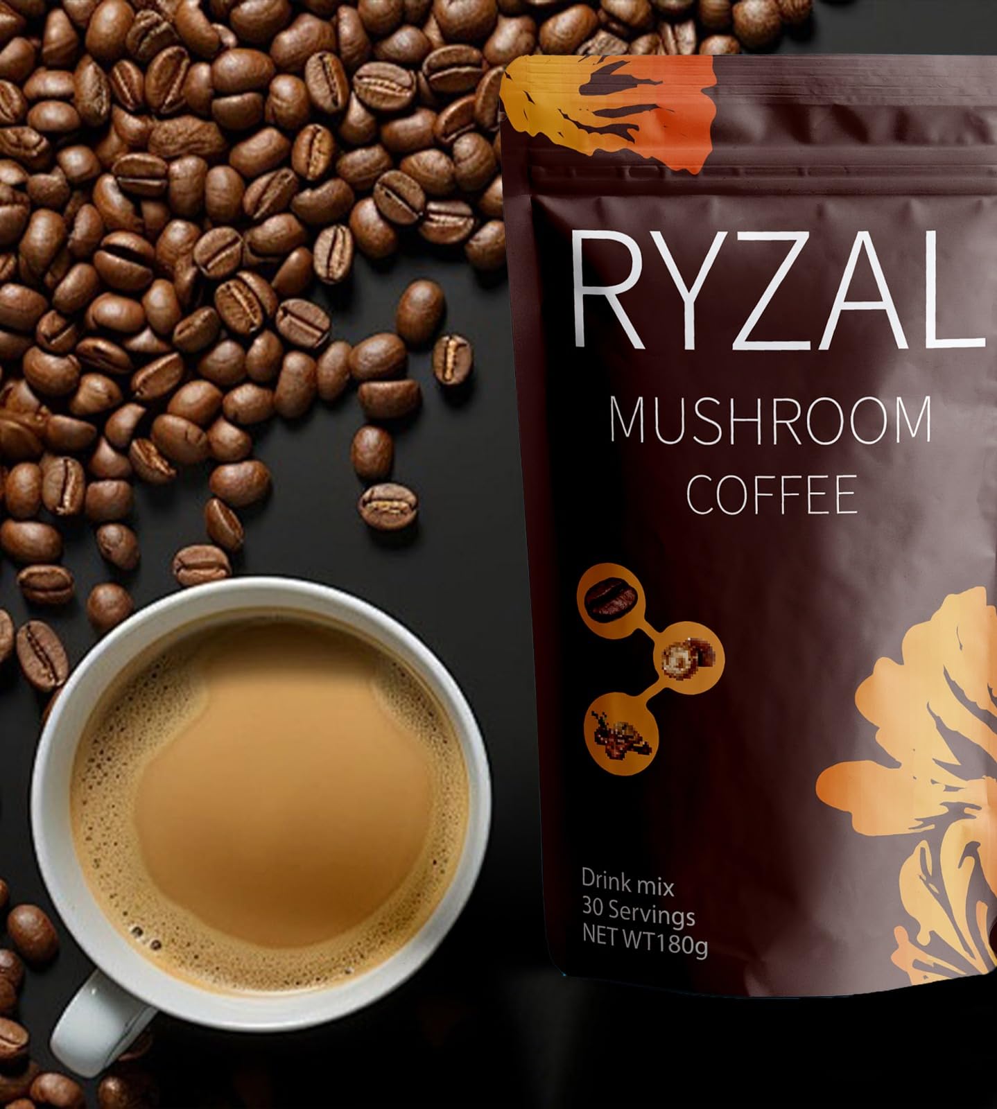 RYZAL Mushroom Coffee ingredients close-up showing Reishi and Lion’s Mane.