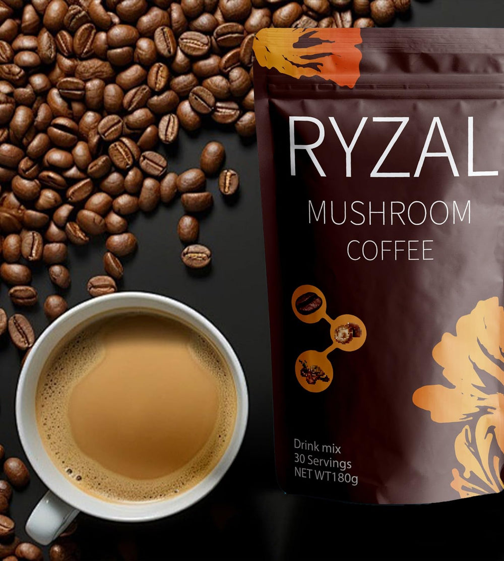RYZAL Mushroom Coffee ingredients close-up showing Reishi and Lion’s Mane.