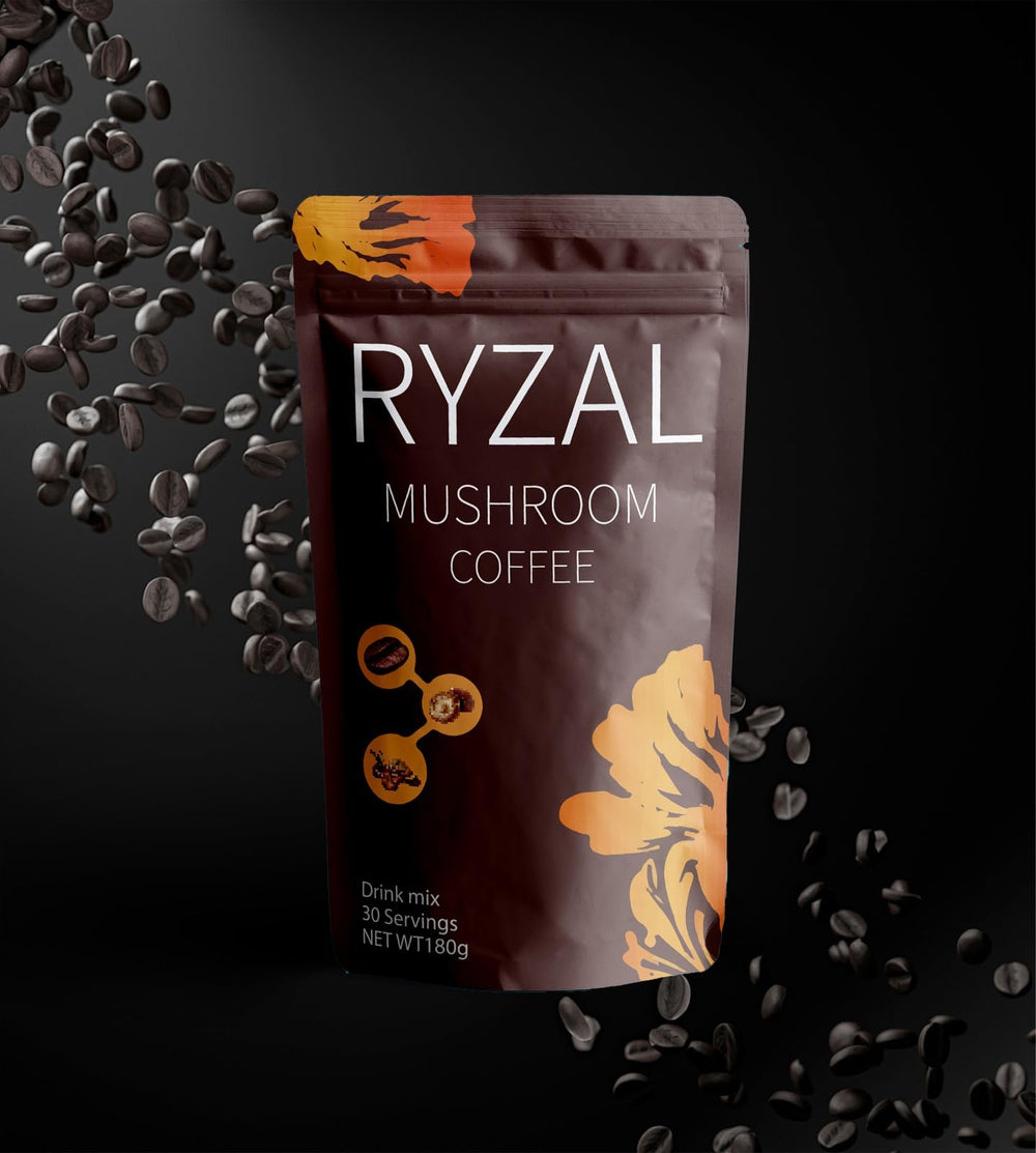 RYZAL Mushroom Coffee packaging box emphasizes no fillers or artificial additives.