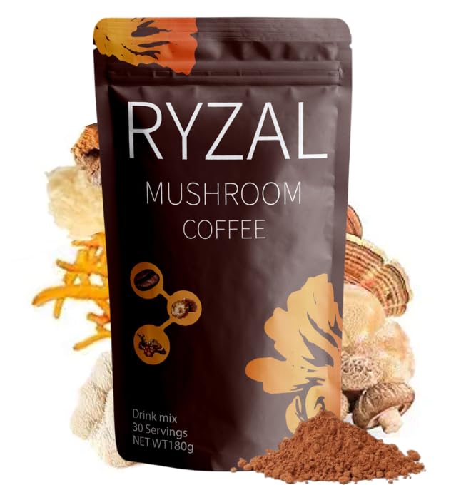 RYZAL Mushroom Coffee tin front view, a convenient energy boost for busy mornings.