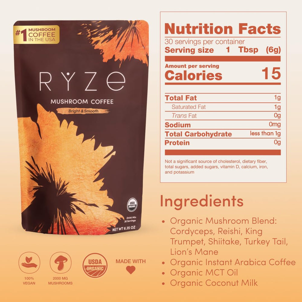RYZE Mushroom Coffee bottle label highlights USDA Organic credentials and mushroom blend.