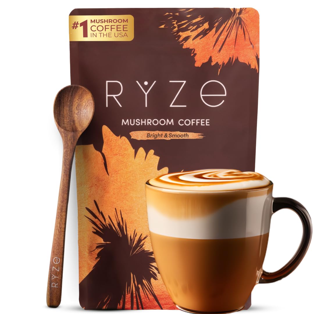 RYZE Mushroom Coffee medium roast packaging offering convenient organic energy for busy mornings.