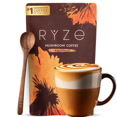 RYZE Mushroom Coffee medium roast packaging offering convenient organic energy for busy mornings.