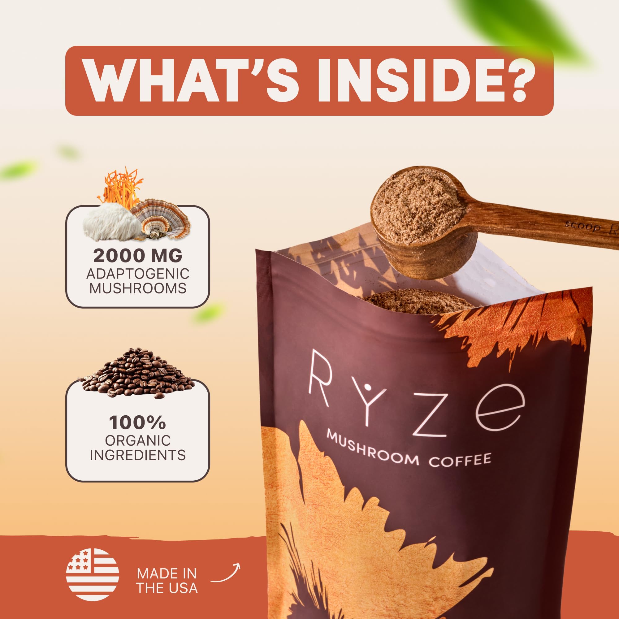 RYZE Mushroom Coffee origin California badge signals local farming and organic quality.