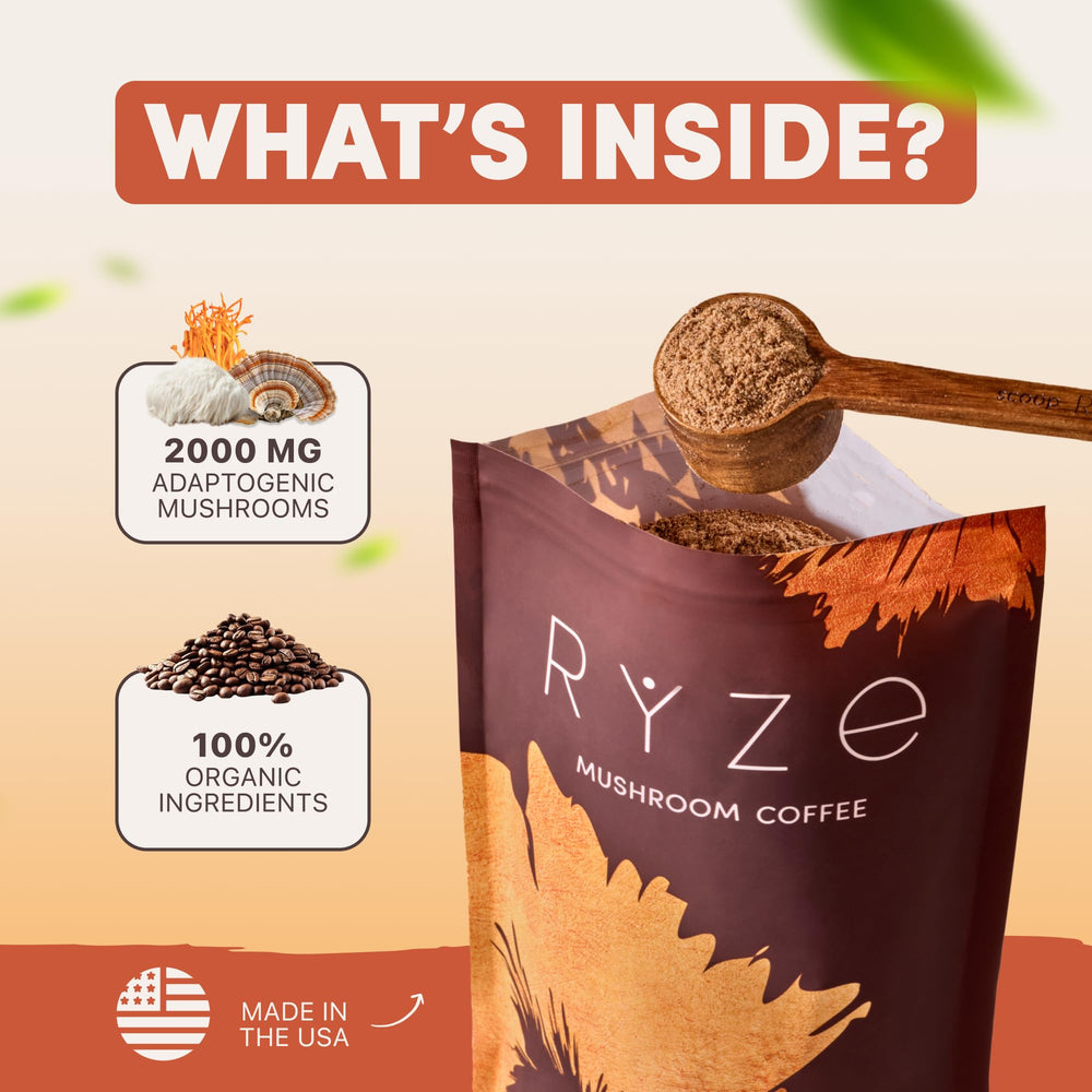 RYZE Mushroom Coffee origin California badge signals local farming and organic quality.