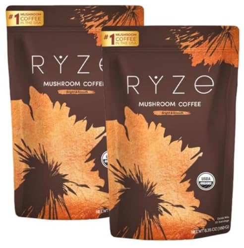 RYZE Mushroom Coffee Starter Kit bag highlights organic energy and focus