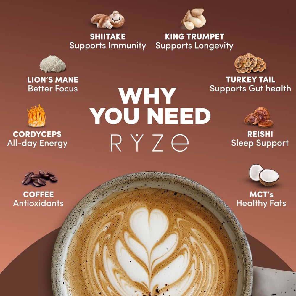 RYZE SUPERFOODS Mushroom Coffee 90mg caffeine cup powers busy mornings