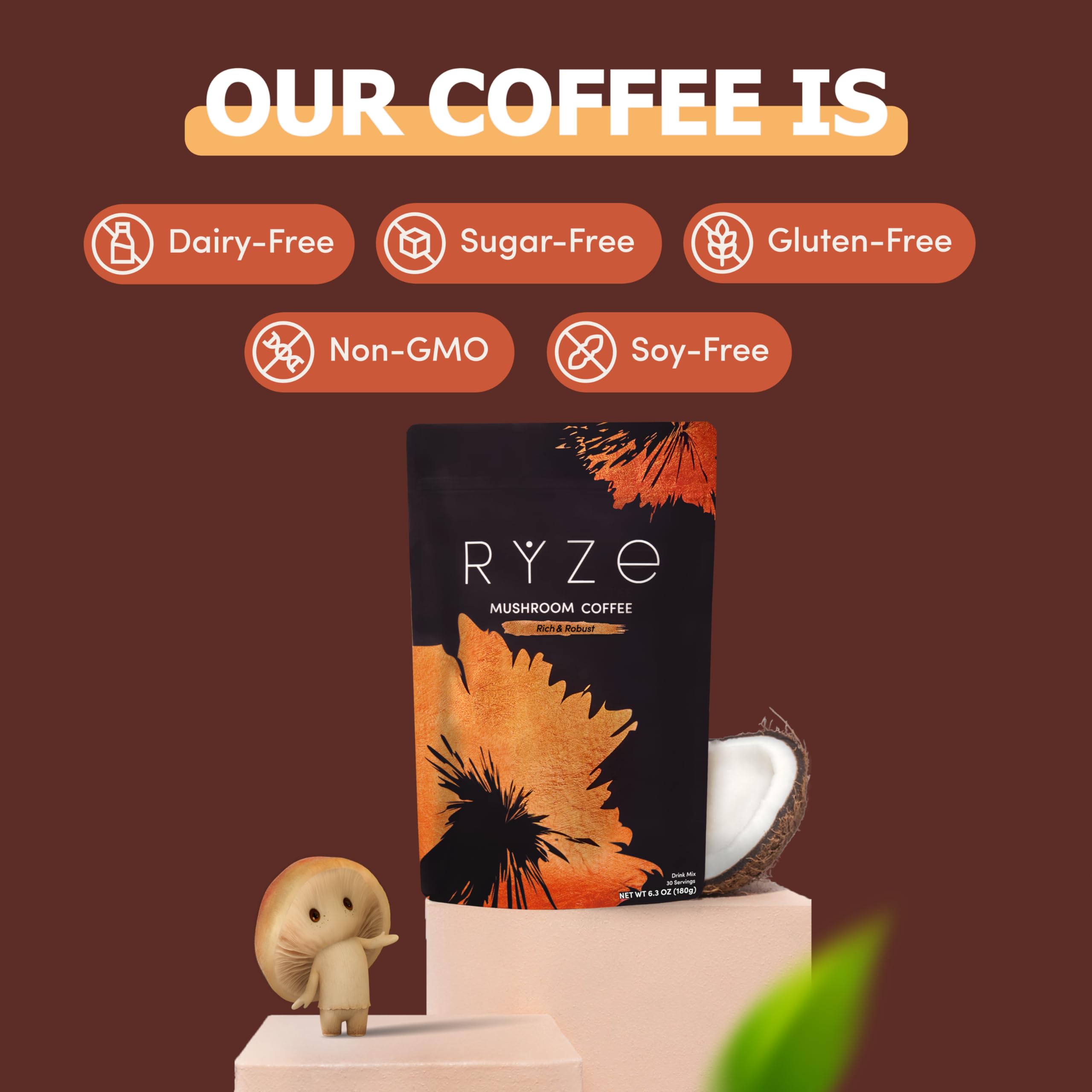 RYZE SUPERFOODS Mushroom Coffee full-spectrum mushrooms bottle emphasizes diverse adaptogens