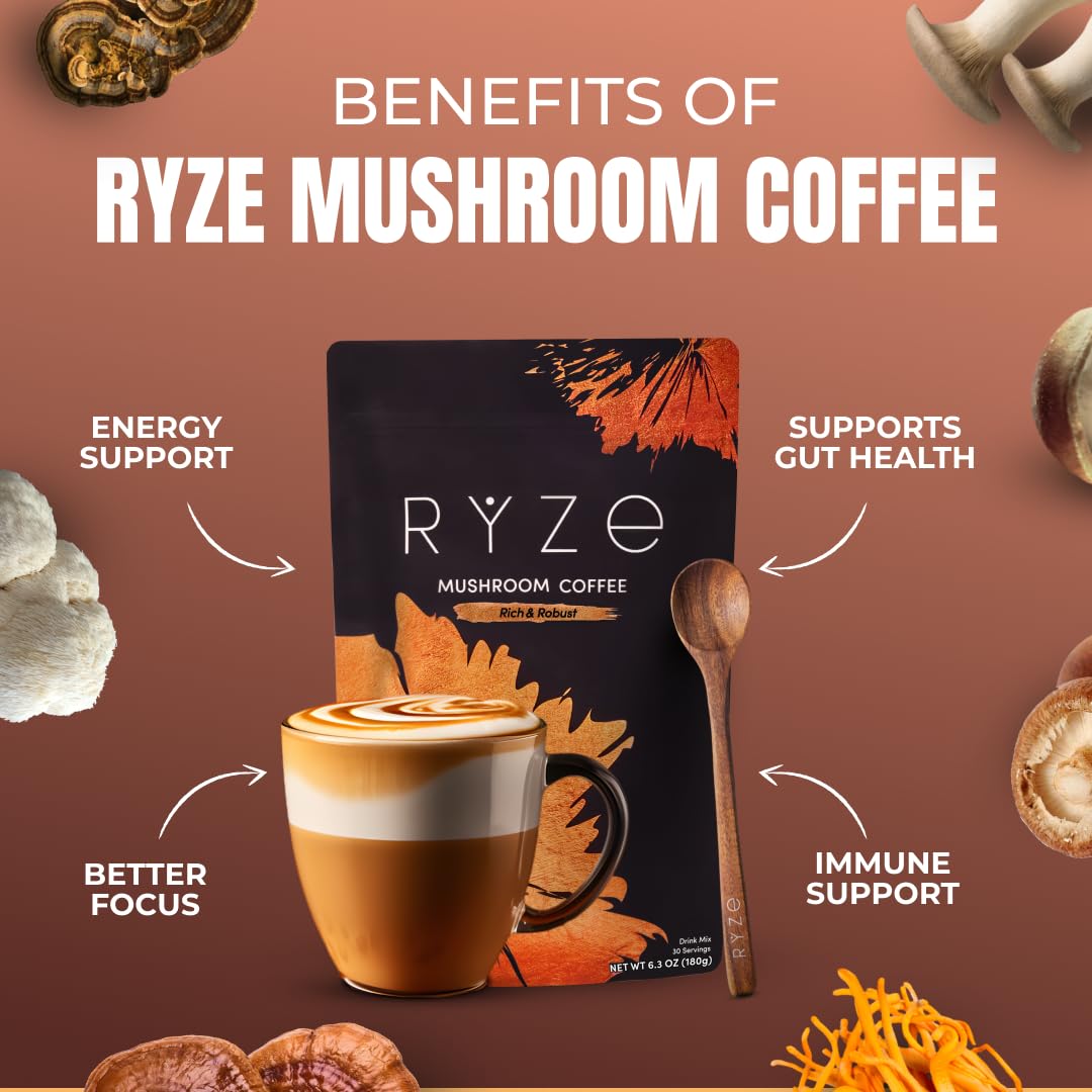 RYZE SUPERFOODS Mushroom Coffee mushroom powder bag highlights full-spectrum mushrooms for potency