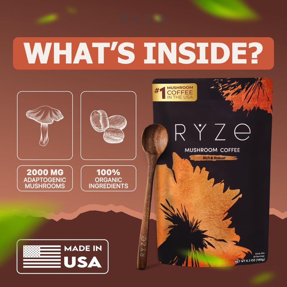 RYZE SUPERFOODS Mushroom Coffee prebiotic blend container signals gut-friendly support