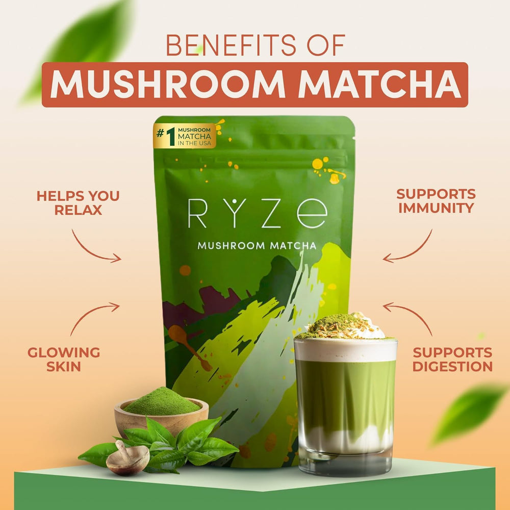 RYZE Superfoods mushroom matcha tin showcasing vibrant energy blend.