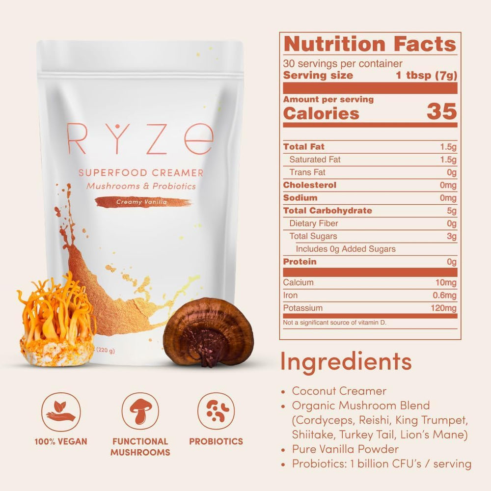 RYZE mushroom powder blends ready to mix into your cup.