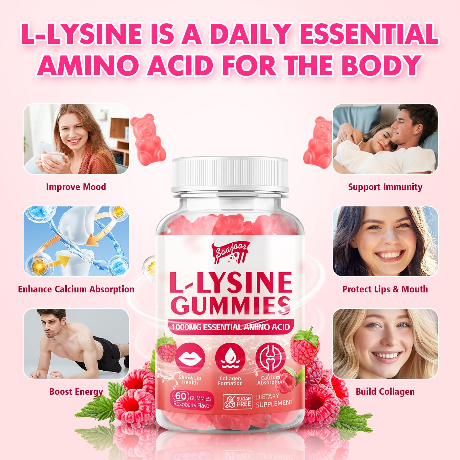 Saajoor L-lisina 1000 mg Gomitas: sabor frambuesa para una experiencia agradable.