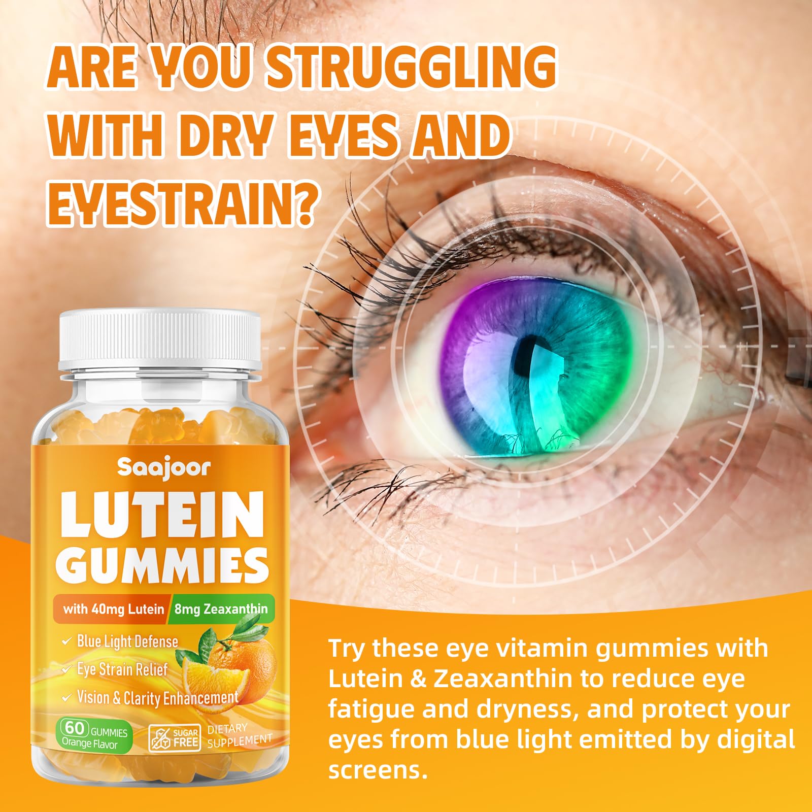 Saajoor lutein-zeaxanthin gummies illustrating macular support benefits.