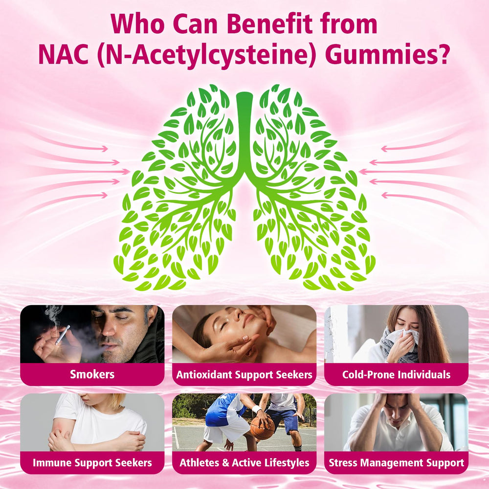 Saajoor NAC Gummies ingredients illustration highlights vegan, non-GMO formulation.