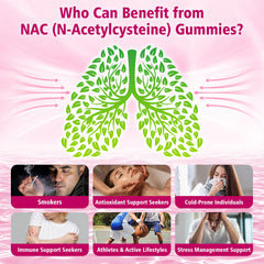 Saajoor NAC Gummies ingredients illustration highlights vegan, non-GMO formulation.