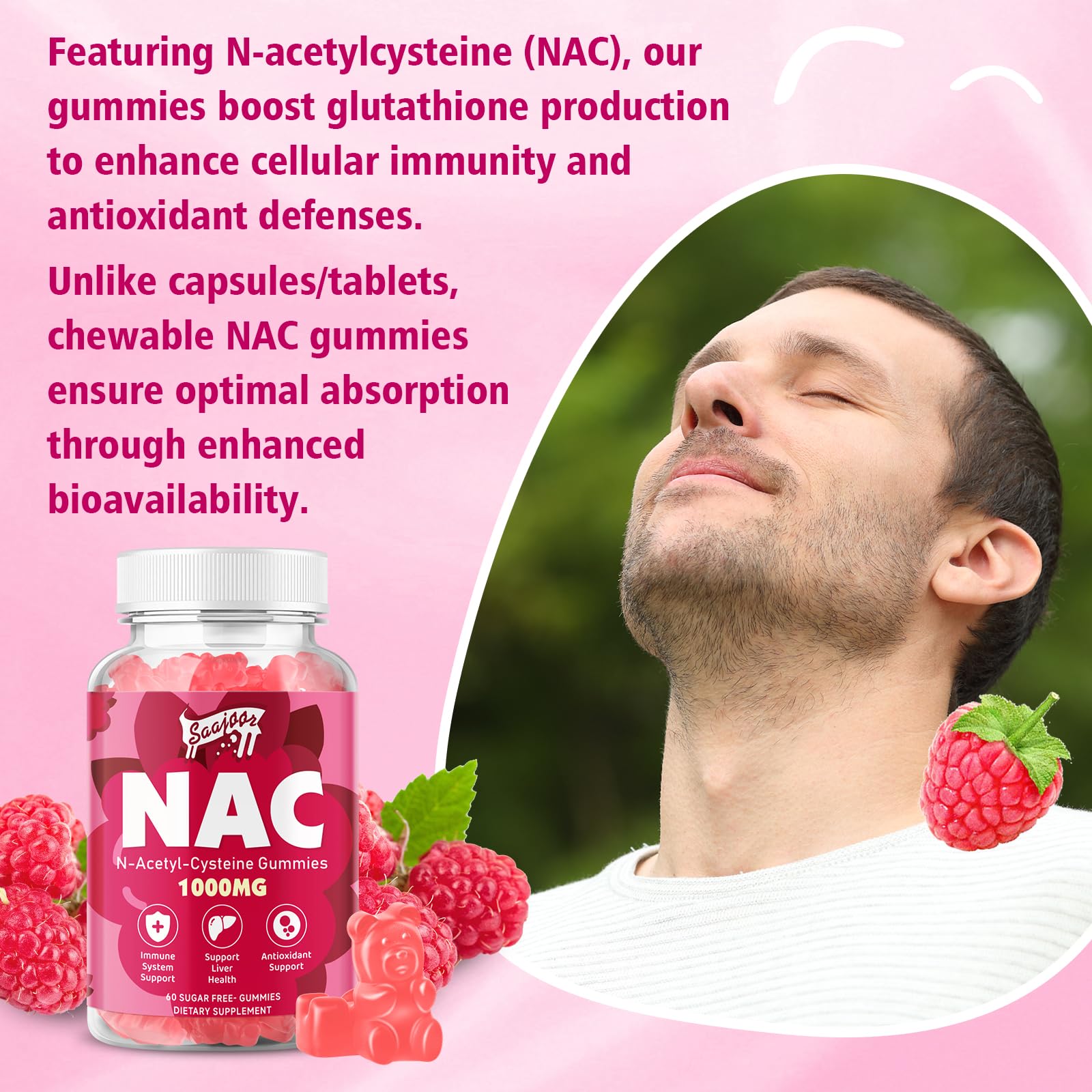 Saajoor NAC Gummies kid-friendly raspberry option in a shareable pouch.