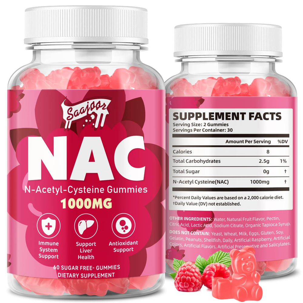 Saajoor NAC Gummies Raspberry bottle presents a convenient daily antioxidant option.