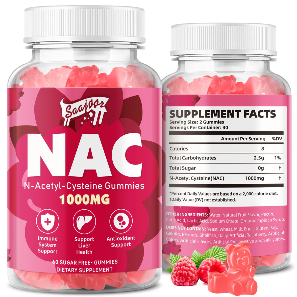 Saajoor NAC Gummies Raspberry bottle presents a convenient daily antioxidant option.