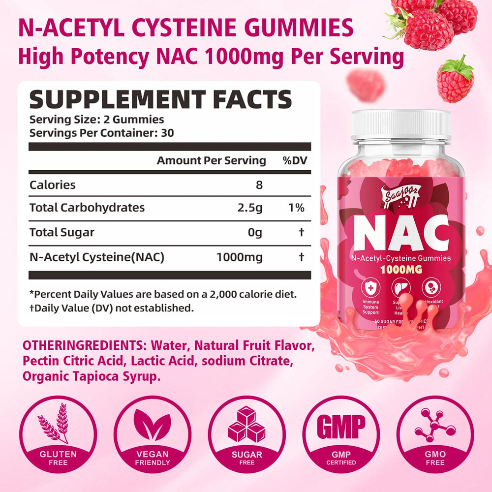 Saajoor NAC Gummies Raspberry serving shows two gummies for easy daily intake.
