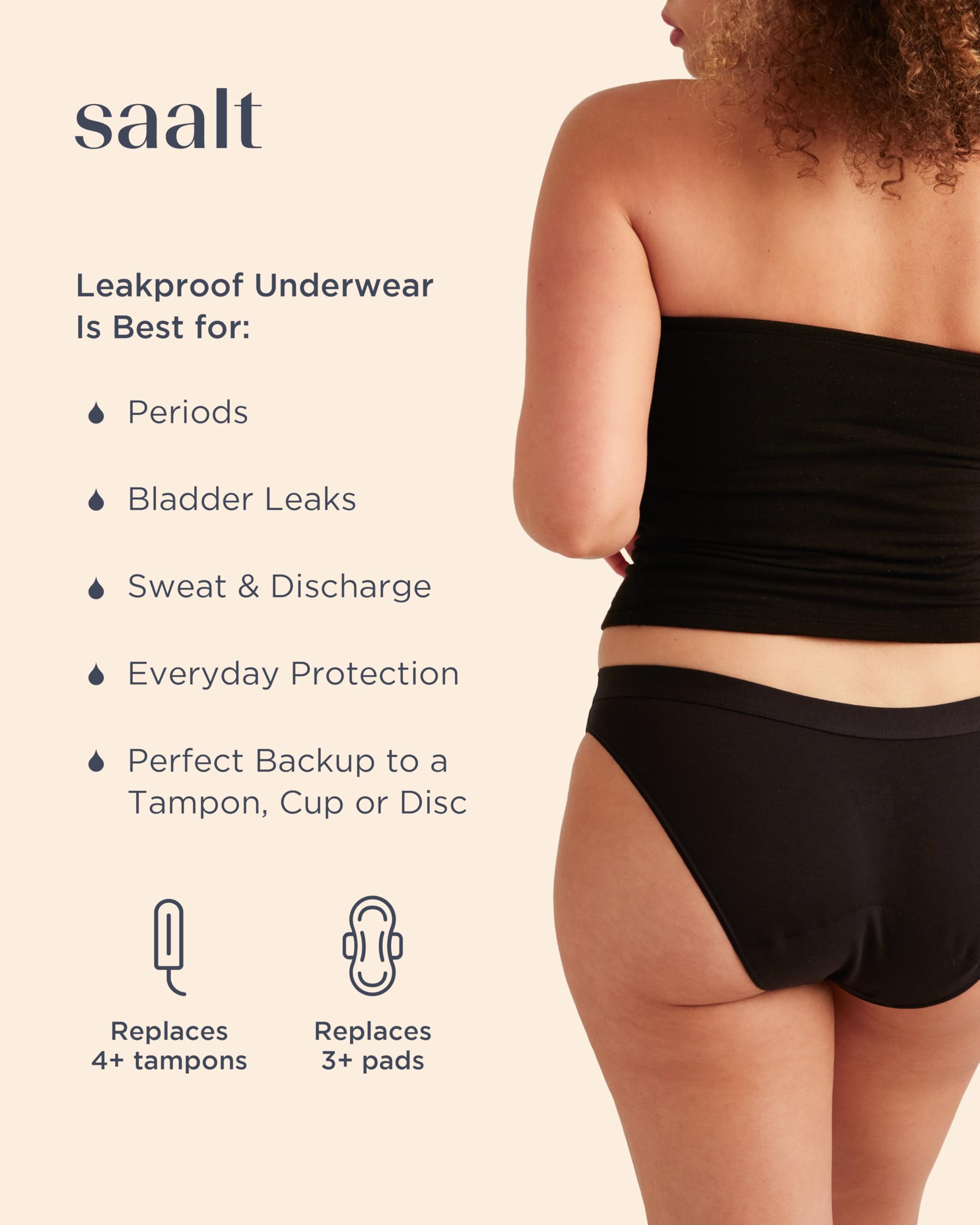 Saalt Cotton Bikini Regular Absorbency Volcanic Black back view showing coverage.