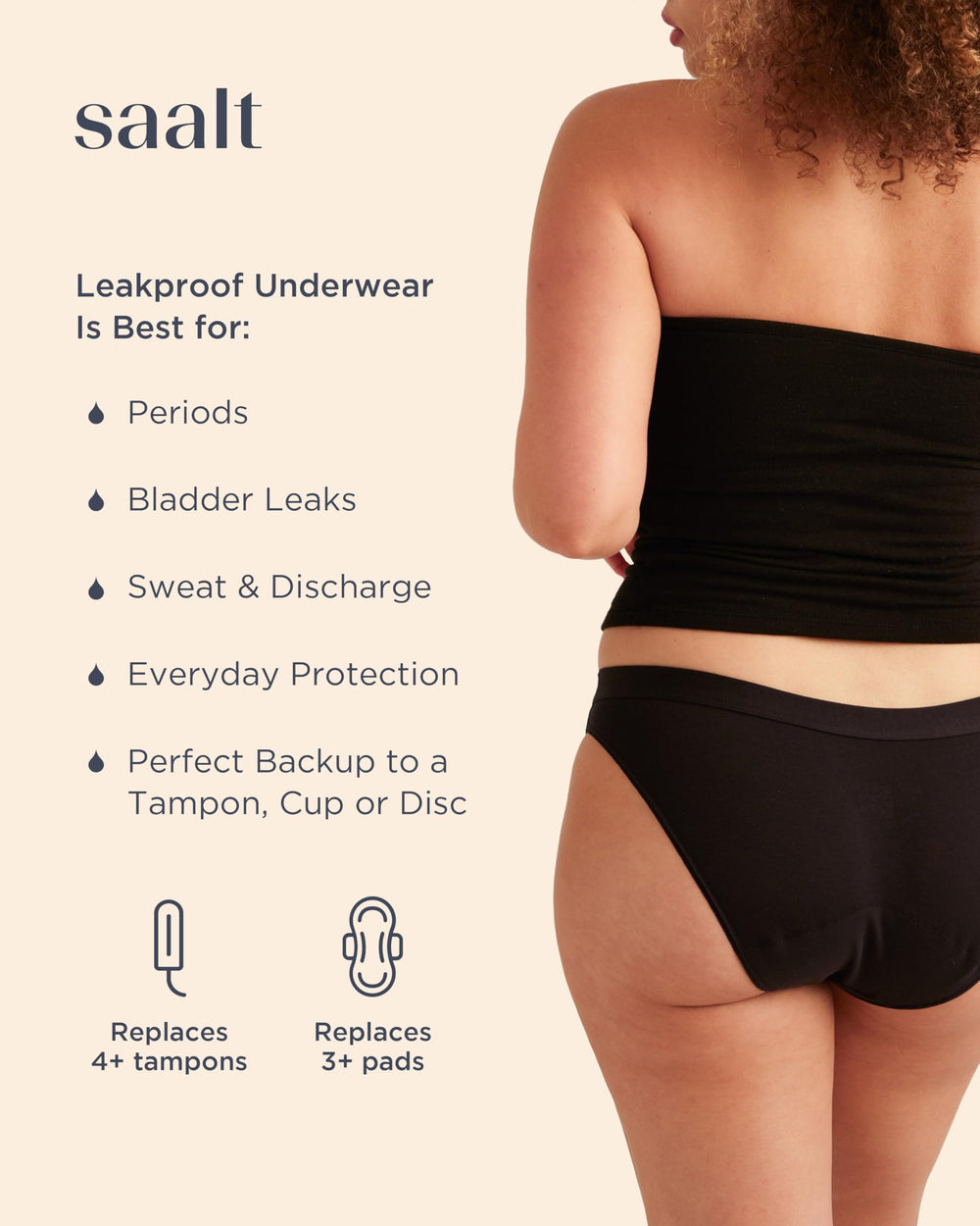 Saalt Cotton Bikini Regular Absorbency Volcanic Black back view showing coverage.