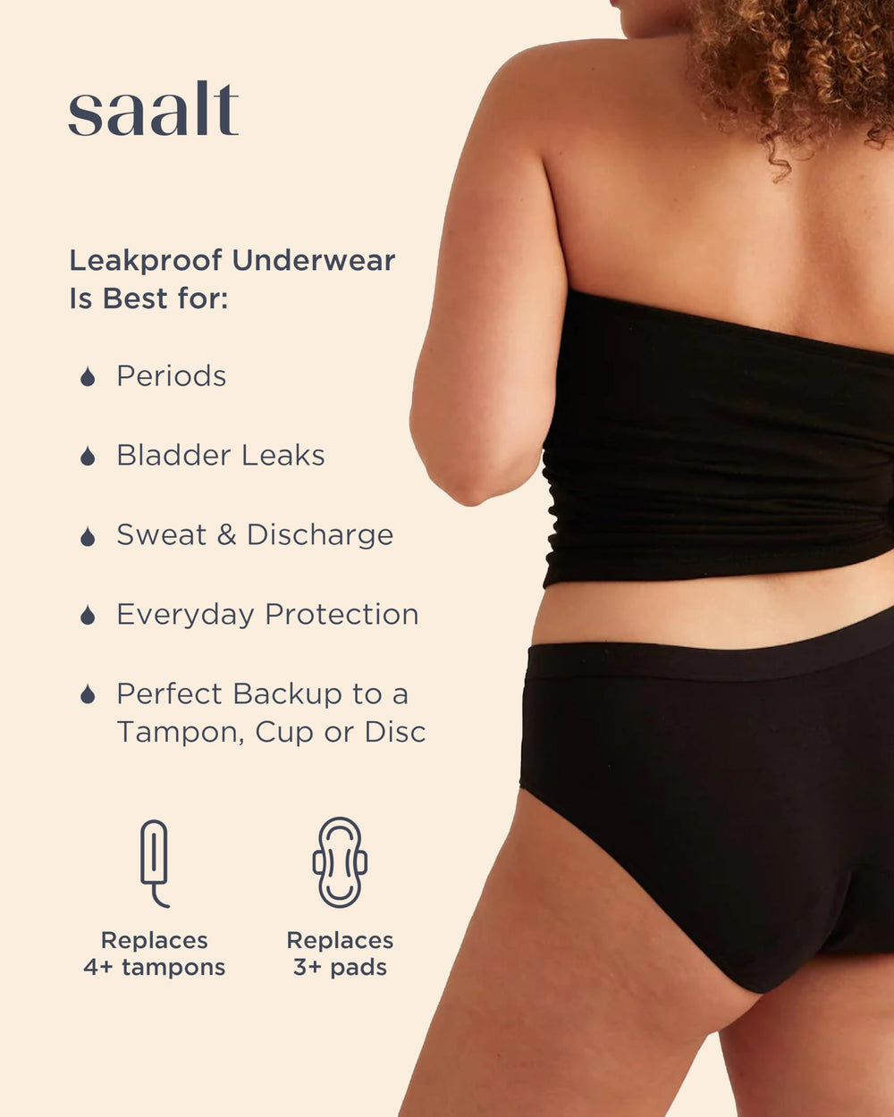 Saalt cotton brief black back view showing full coverage and comfort.