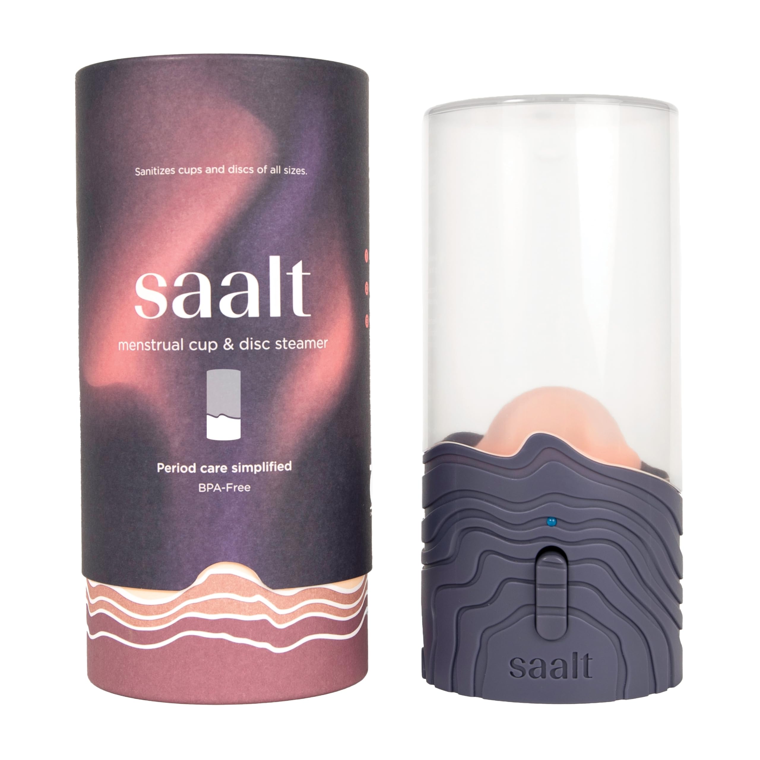 Saalt Menstrual Cup Steamer front view showing compact design for travel-friendly hygiene