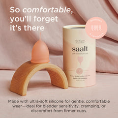 Saalt Soft cup in hand shows flexible, leak-free fit.