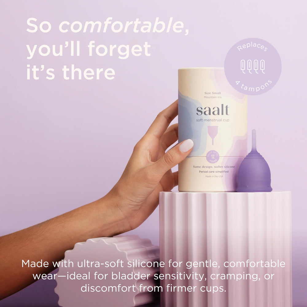 Saalt Soft cup in hand shows flexible fit for comfortable daily wear