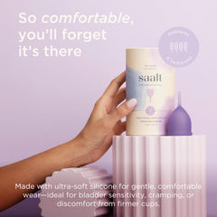 Saalt Soft cup in hand shows flexible fit for comfortable daily wear