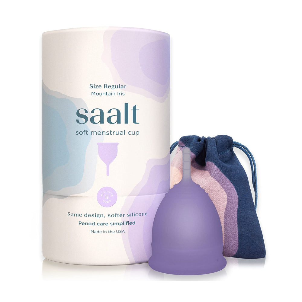 Saalt Soft menstrual cup in Mountain Iris, regular size, for leak-free protection
