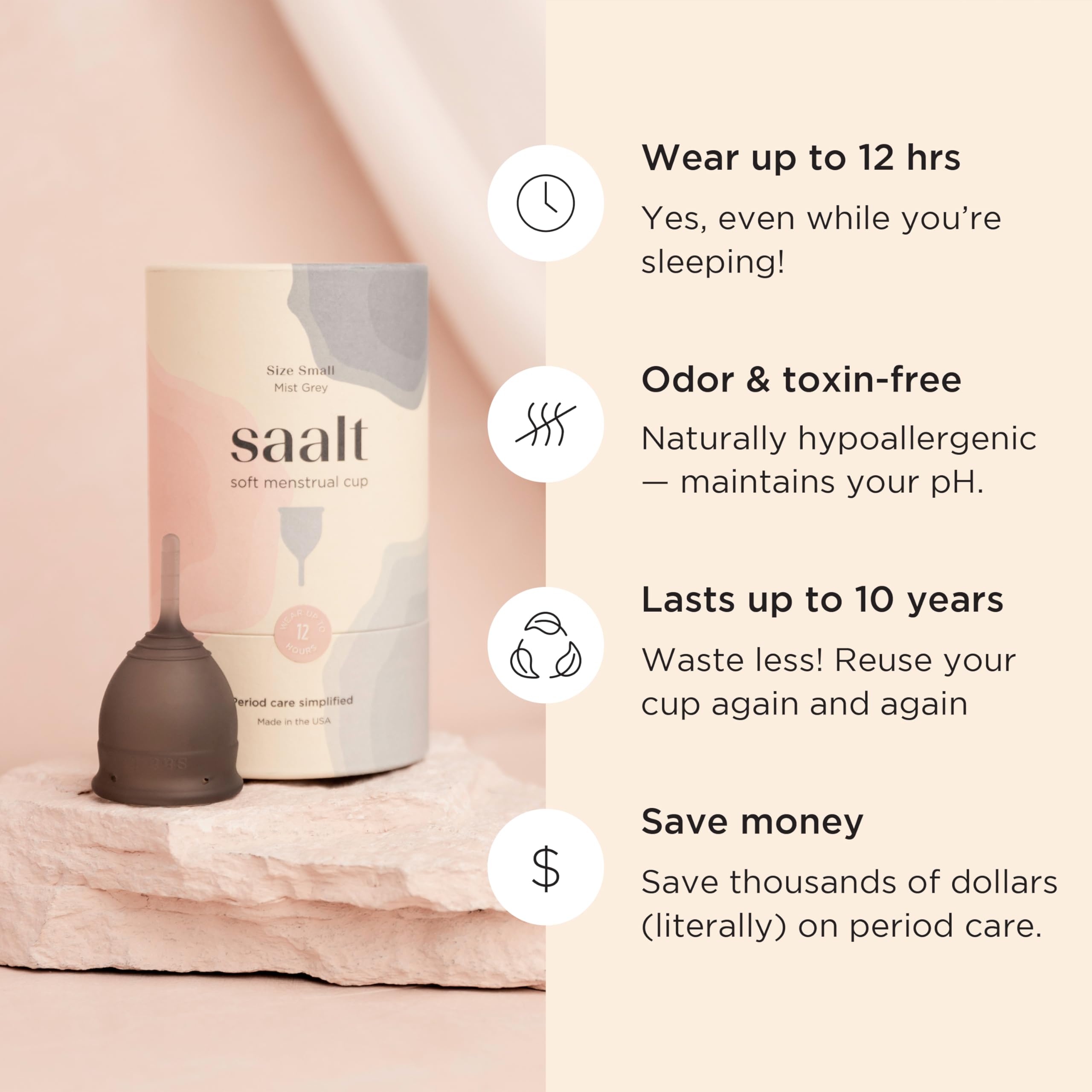 Saalt Soft cup being cleaned with mild soap for easy care and quick sanitization.