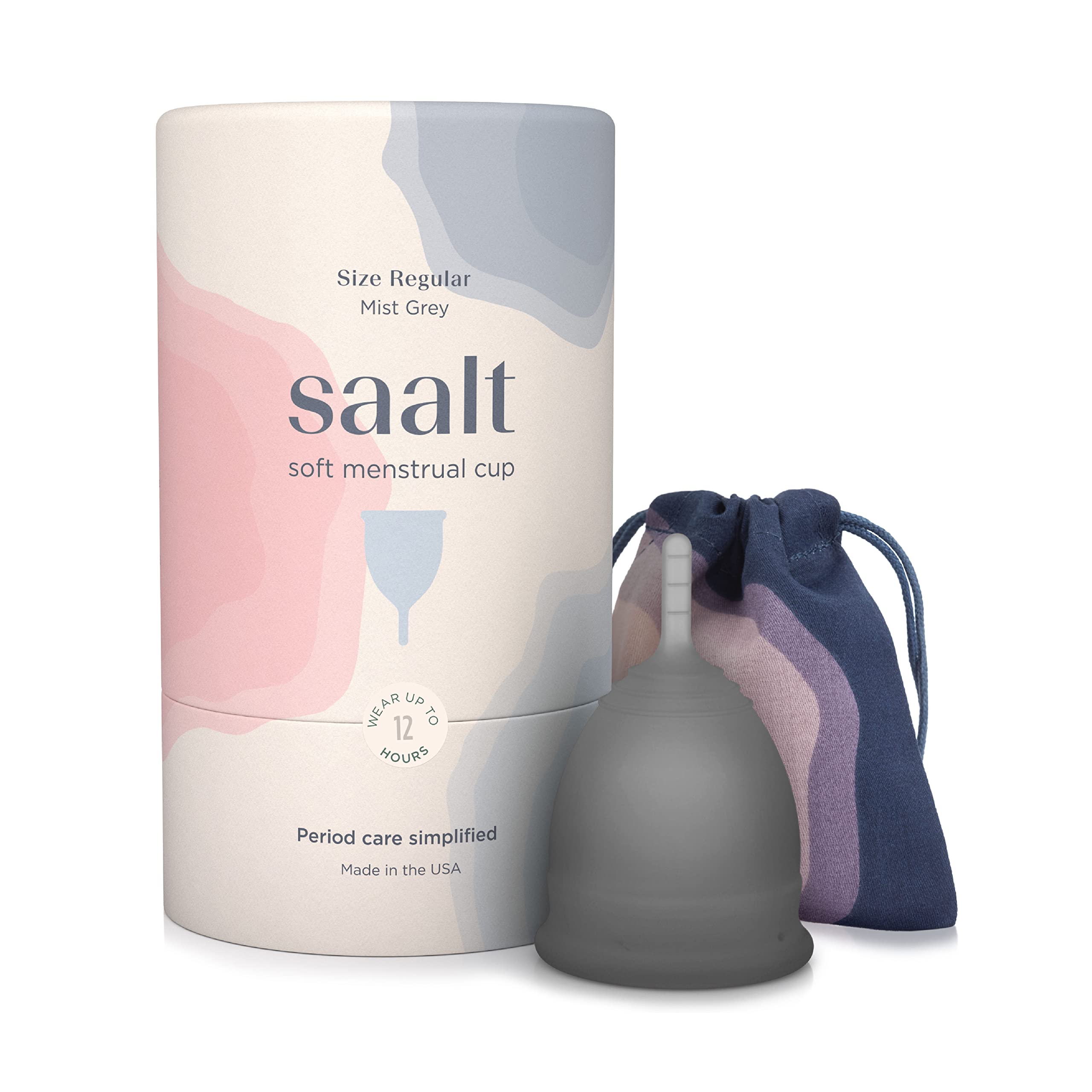 Saalt Soft menstrual cup close-up in grey silicone for leak-free protection up to 12 hours.