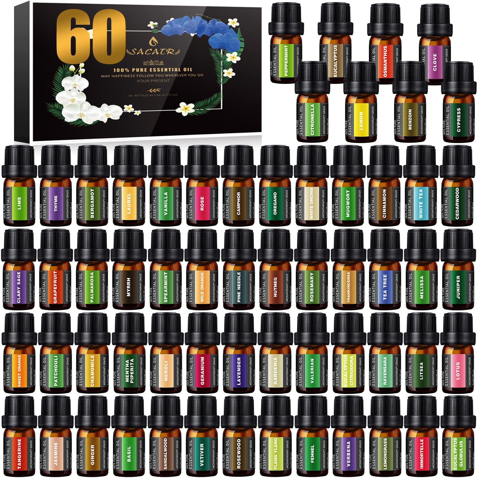SACATR 60-bottle essential oils set arranged for versatile diffusing