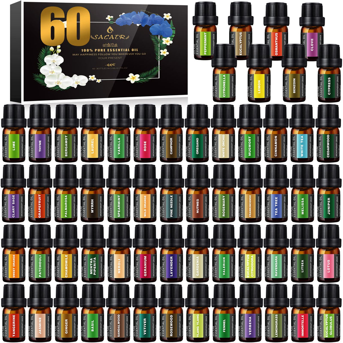 SACATR 60-bottle essential oils set arranged for versatile diffusing