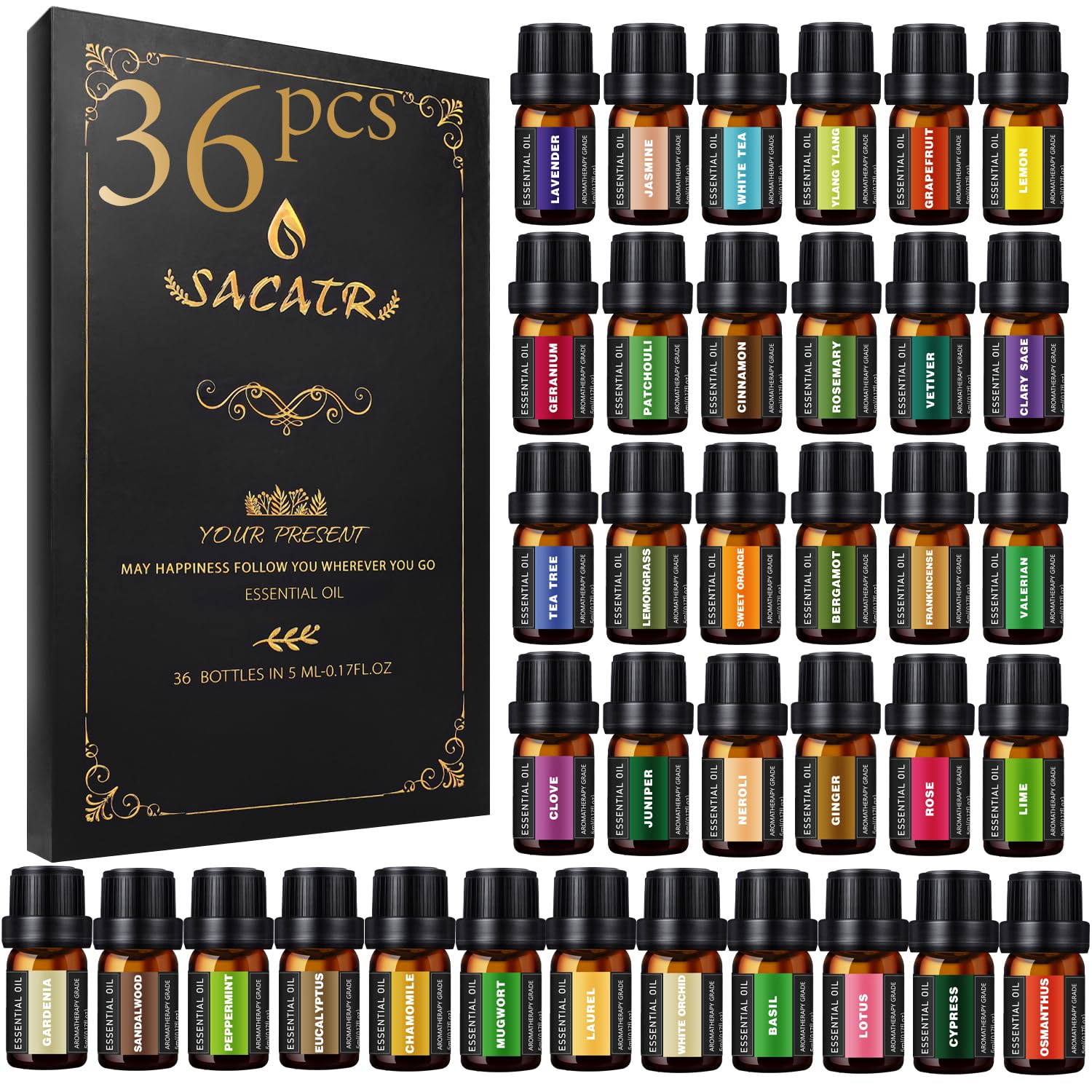SACATR essential oils set bottle-pour highlights diffuser-ready aroma for any room.