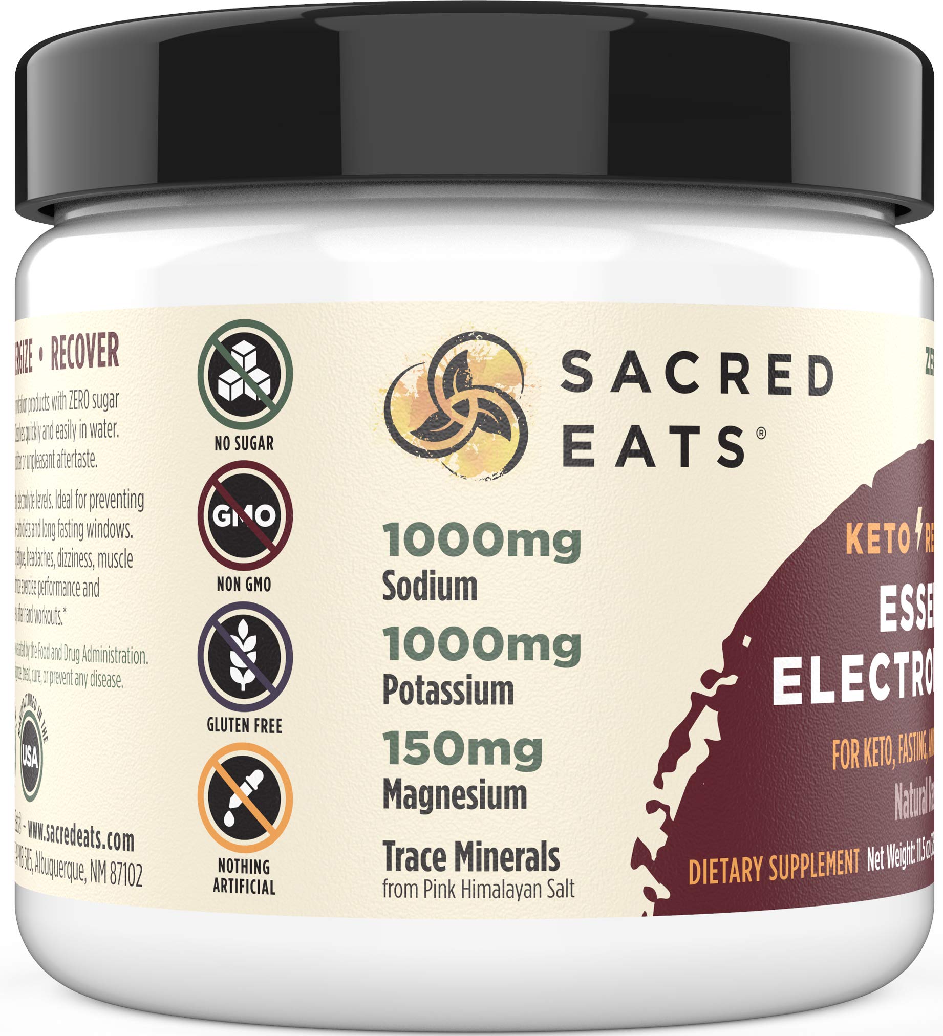 Sacred Eats Keto Electrolyte Powder dissolving in water highlights instant mix.