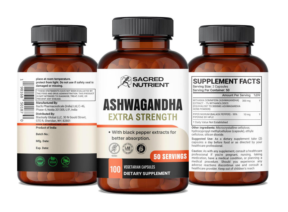 Sacred Nutrient Ashwagandha bottle on shelf for calm focus in daily routine