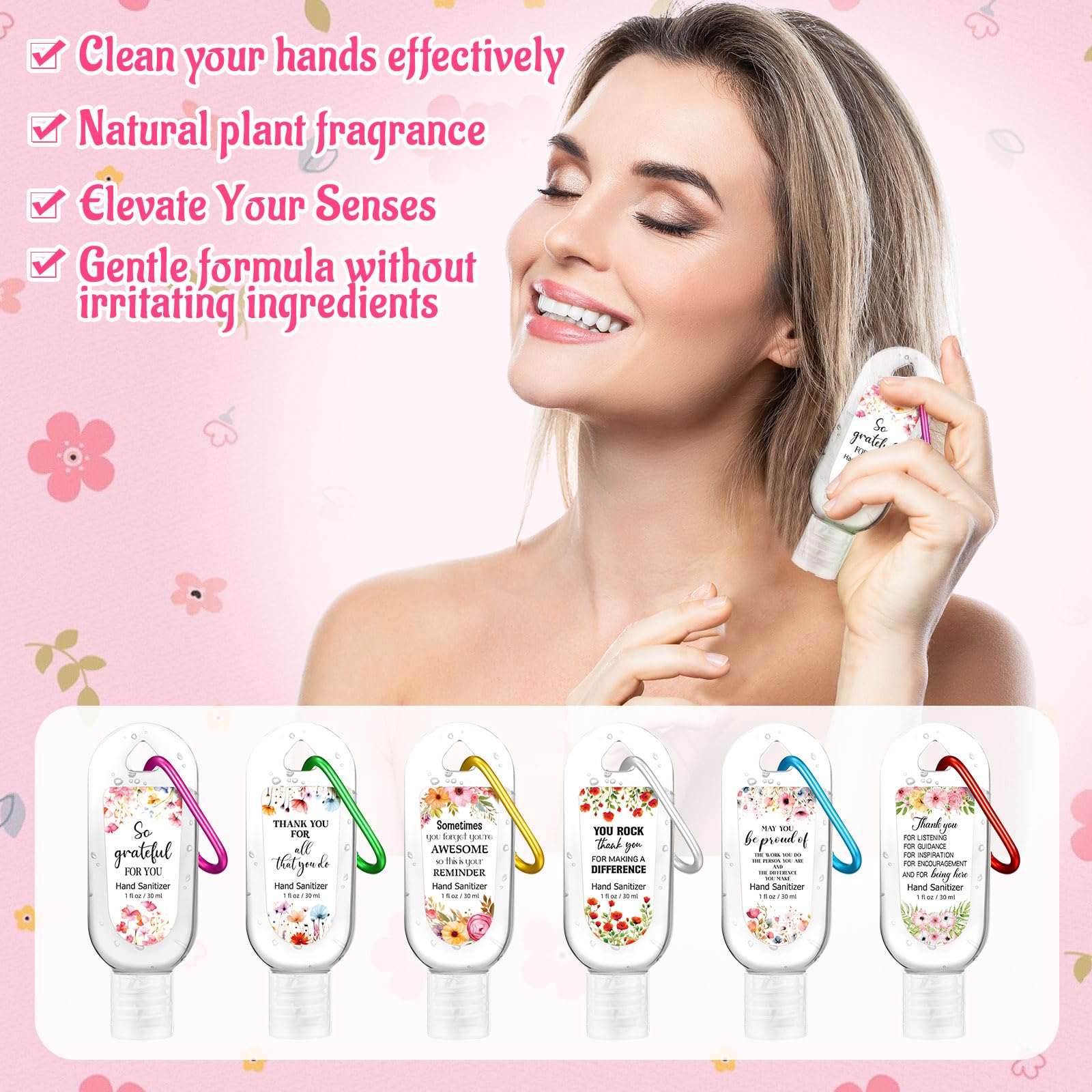 Sacubee peach scent hand sanitizer with keychain for portable cleansing.