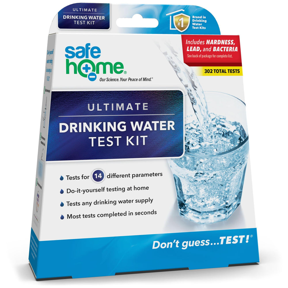 Safe Home 14-in-1 test kit packaging showing comprehensive water testing.