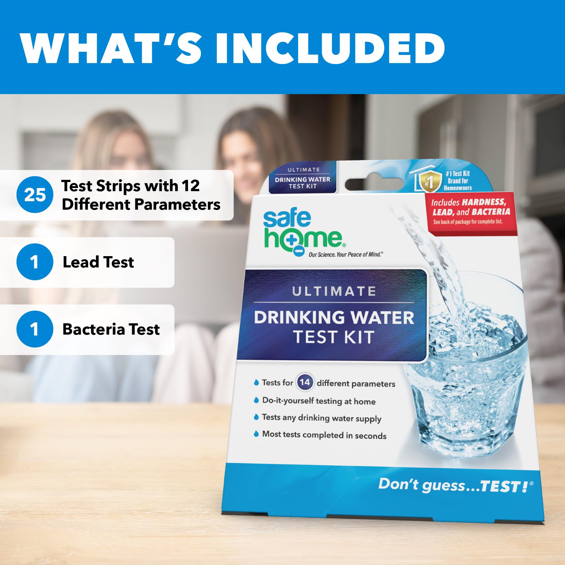 Safe Home bacteria test strips highlight safe water basics and microbiological checks.