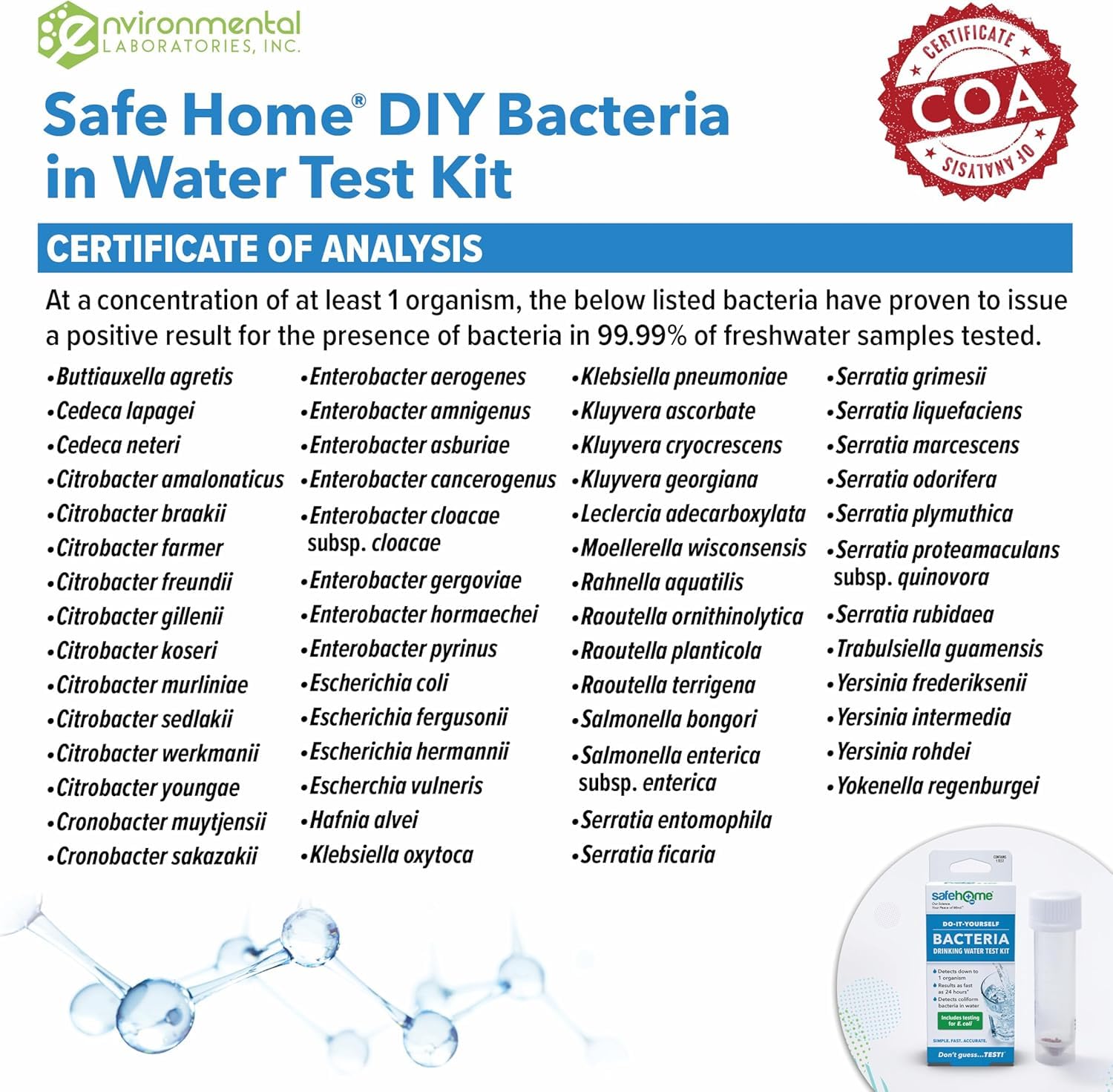Safe Home Bacteria Water Test Kit result reading shows clear indicators