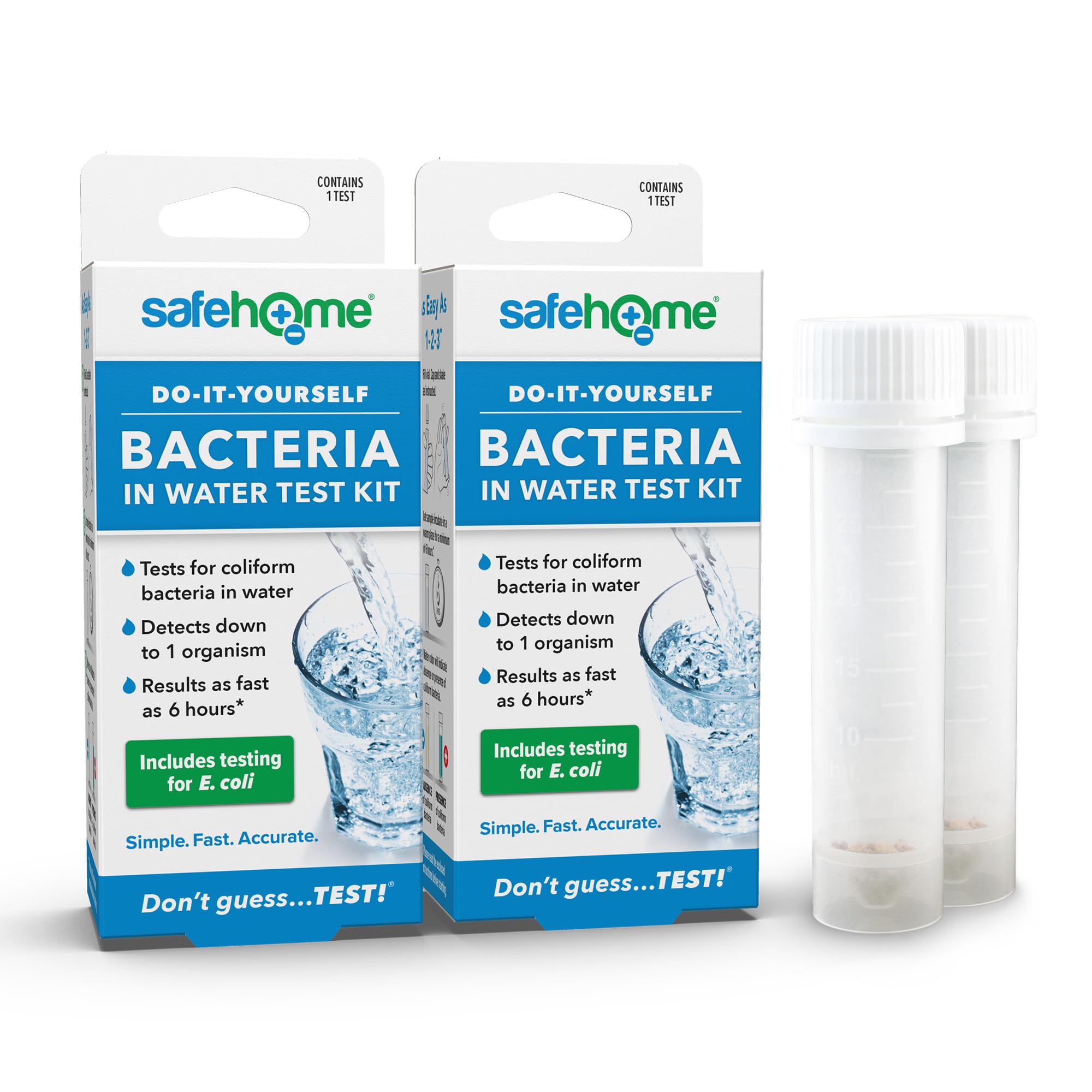 Safe Home DIY Bacteria in Water Test Kit packaging highlights certified accuracy.