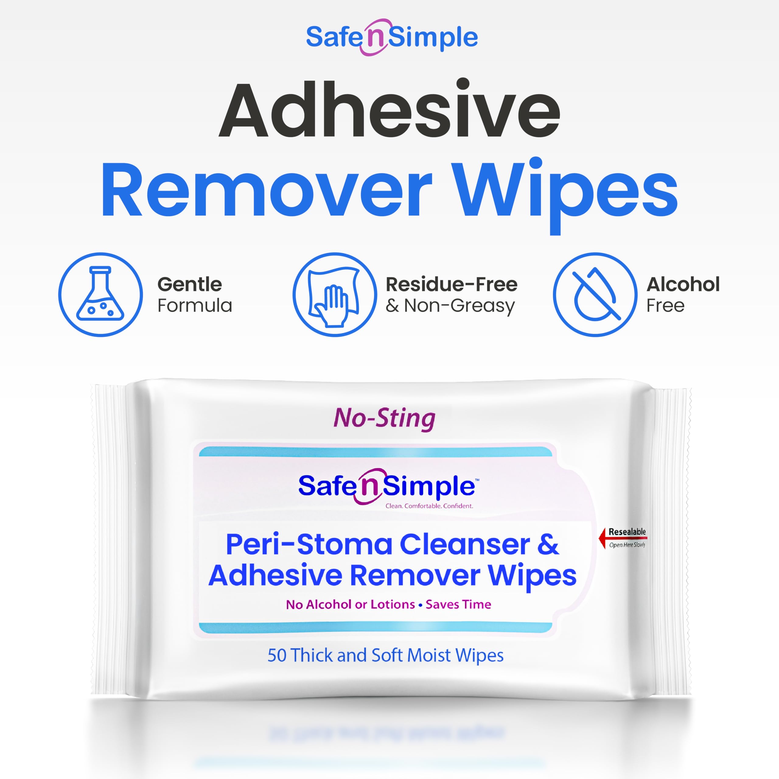 Close-up of wipe applying gentle adhesive removal on skin