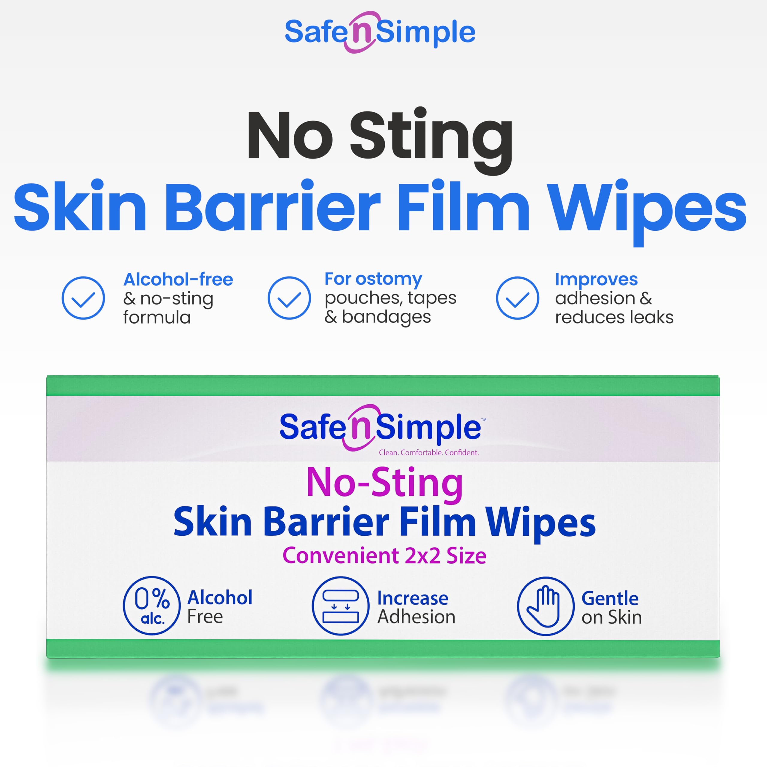 Safe n' Simple No Sting Wipes packaging highlighting a 75-count supply