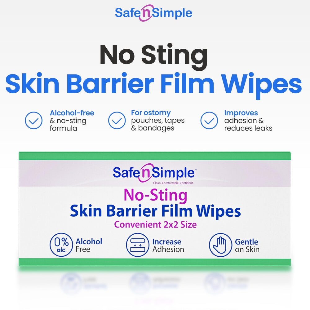 Safe n' Simple No Sting Wipes packaging highlighting a 75-count supply